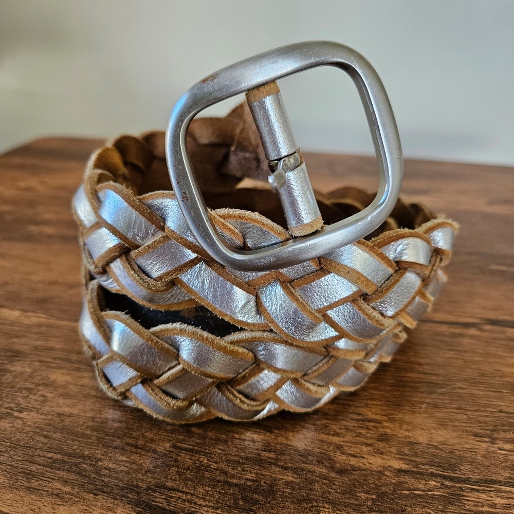 J.Jill Vintage Aged Silver Brown Painted Leather Braided Belt Wide Statement L